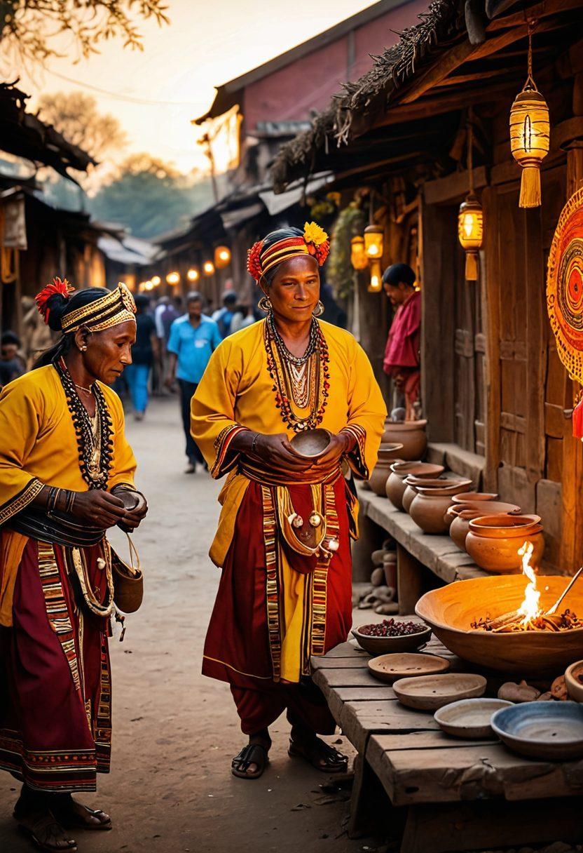 A vibrant marketplace in Tigon, filled with colorful textiles, handcrafted pottery, and traditional Tigon dancers adorned in intricate costumes. The sunset casts a warm glow over the scene as elderly artisans share stories with curious travelers, showcasing Tigon's rich culture and history. Exciting symbols of Tigon heritage are subtly integrated into the background. super-realistic. vibrant colors. warm lighting.