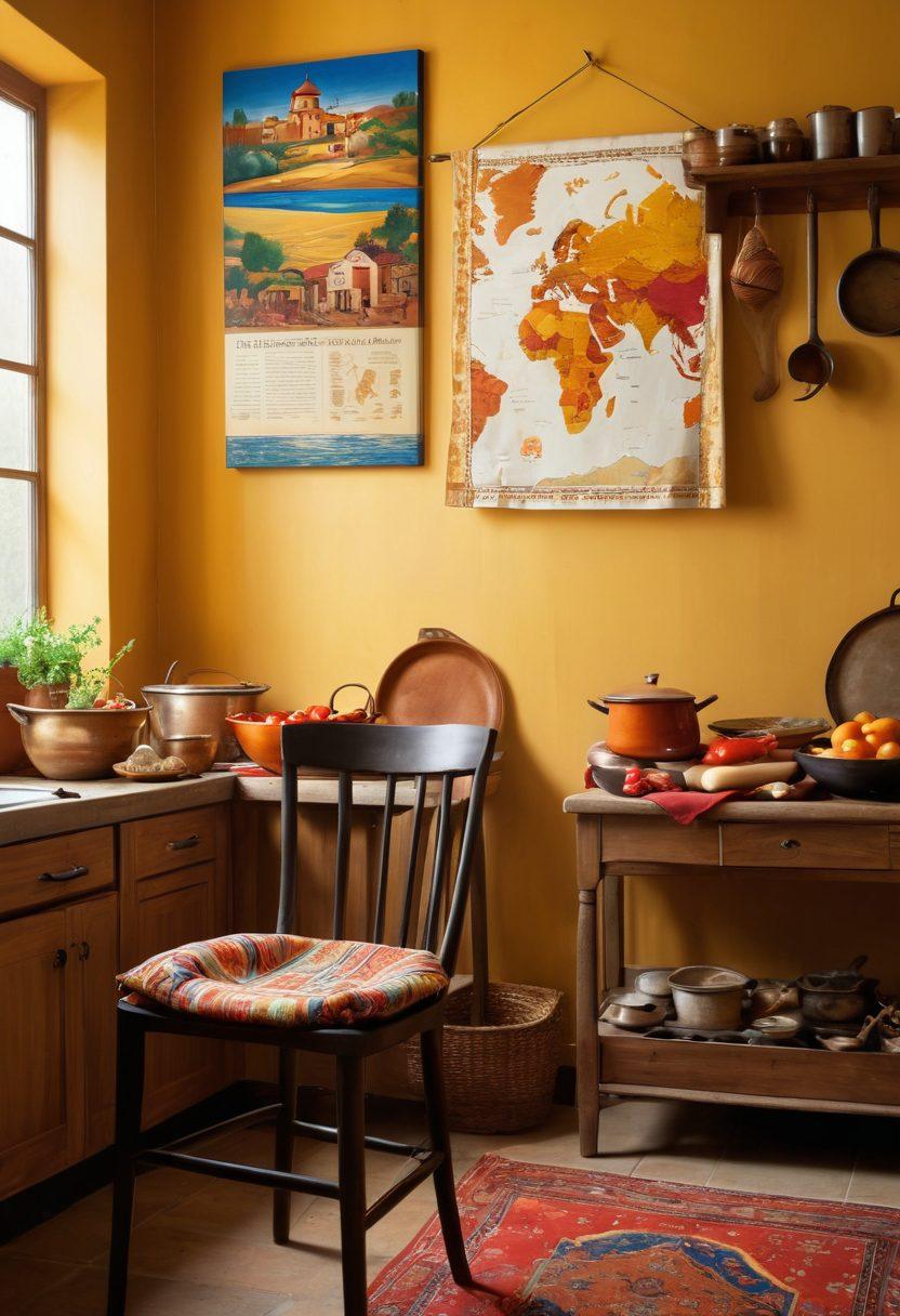 An inviting kitchen scene showcasing a diverse array of spices, fresh ingredients, and traditional cookware, embodying the essence of Tigon cuisine. In the background, cultural artifacts and a world map highlight the blend of languages and cuisines. A vibrant, colorful apron hangs on a chair, symbolizing the fusion of cooking and community. Warm lighting casts a cozy glow over the space, inviting viewers to explore. painting. vibrant colors. warm tones.