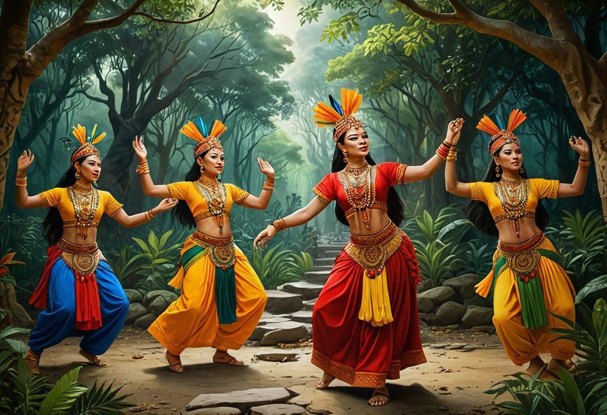 A vibrant scene showcasing the heart of Tigon culture, featuring traditional dancers in colorful attire, ancient Tigon symbols intricately carved in the background, and mythological creatures from Tigon folklore rising from lush greenery. Incorporate warm, earthy tones with a touch of gold to highlight cultural richness. The atmosphere should feel mystical and celebratory, inviting viewers to immerse in Tigon heritage. painting. vibrant colors.